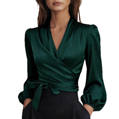 Satin Wrap Blouse with V-Neck and Puff Sleeves