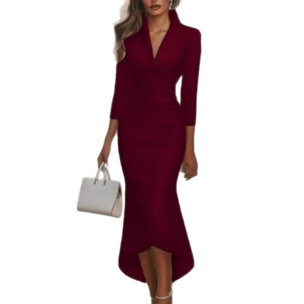 Solid Long Sleeve V-Neck Wrap Dress with High-Low Hem