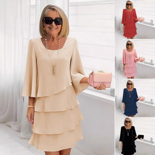 Tiered Dress with Round Neck and Three-Quarter Bell Sleeves