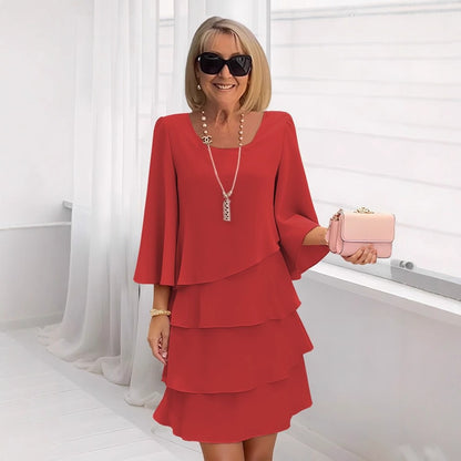 Tiered Dress with Round Neck and Three-Quarter Bell Sleeves