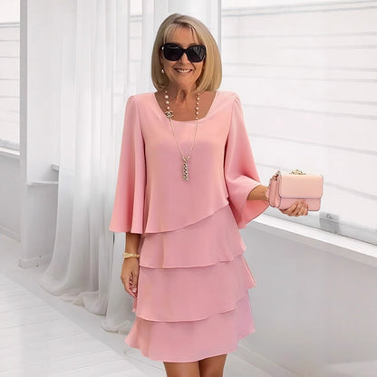 Tiered Dress with Round Neck and Three-Quarter Bell Sleeves