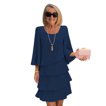 Tiered Dress with Round Neck and Three-Quarter Bell Sleeves