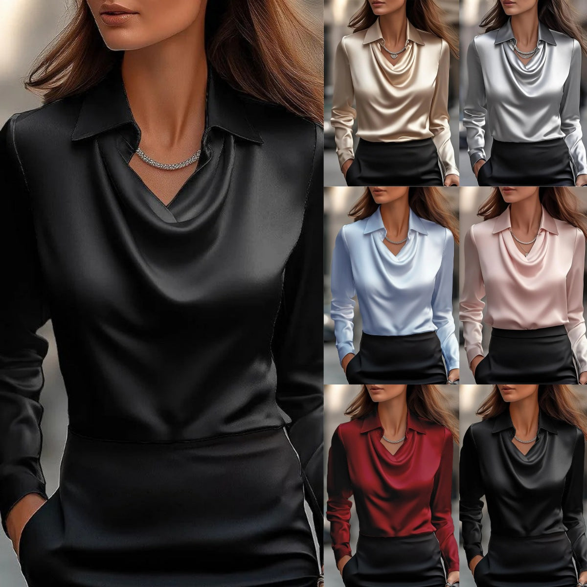 Solid Satin-Effect Blouse with Cowl Neck and Long Sleeves