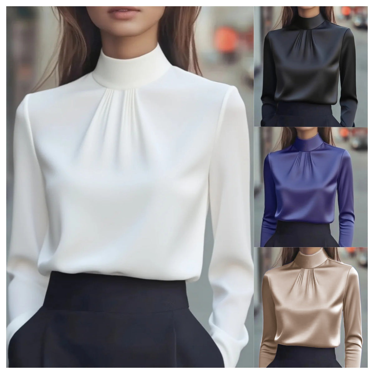Satin Long-Sleeved Blouse with Stand Collar and Pleats