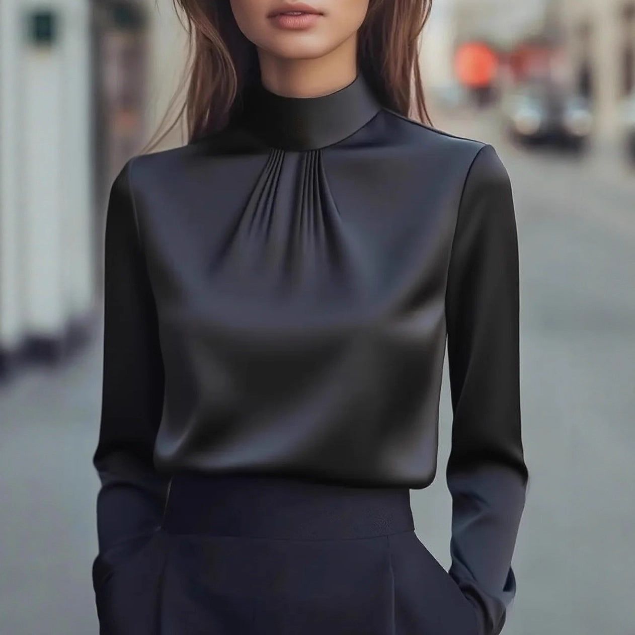 Satin Long-Sleeved Blouse with Stand Collar and Pleats