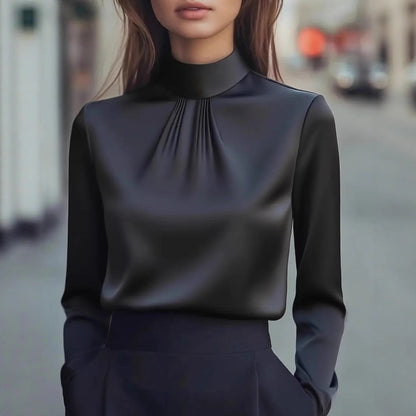 Satin Long-Sleeved Blouse with Stand Collar and Pleats
