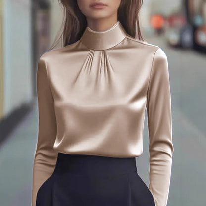 Satin Long-Sleeved Blouse with Stand Collar and Pleats