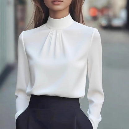Satin Long-Sleeved Blouse with Stand Collar and Pleats