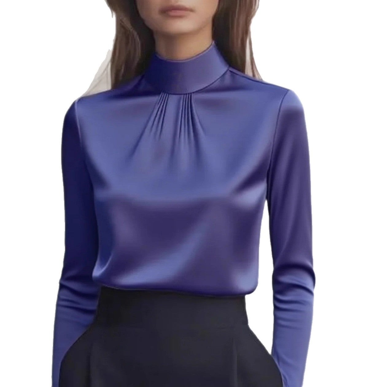 Satin Long-Sleeved Blouse with Stand Collar and Pleats