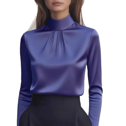Satin Long-Sleeved Blouse with Stand Collar and Pleats