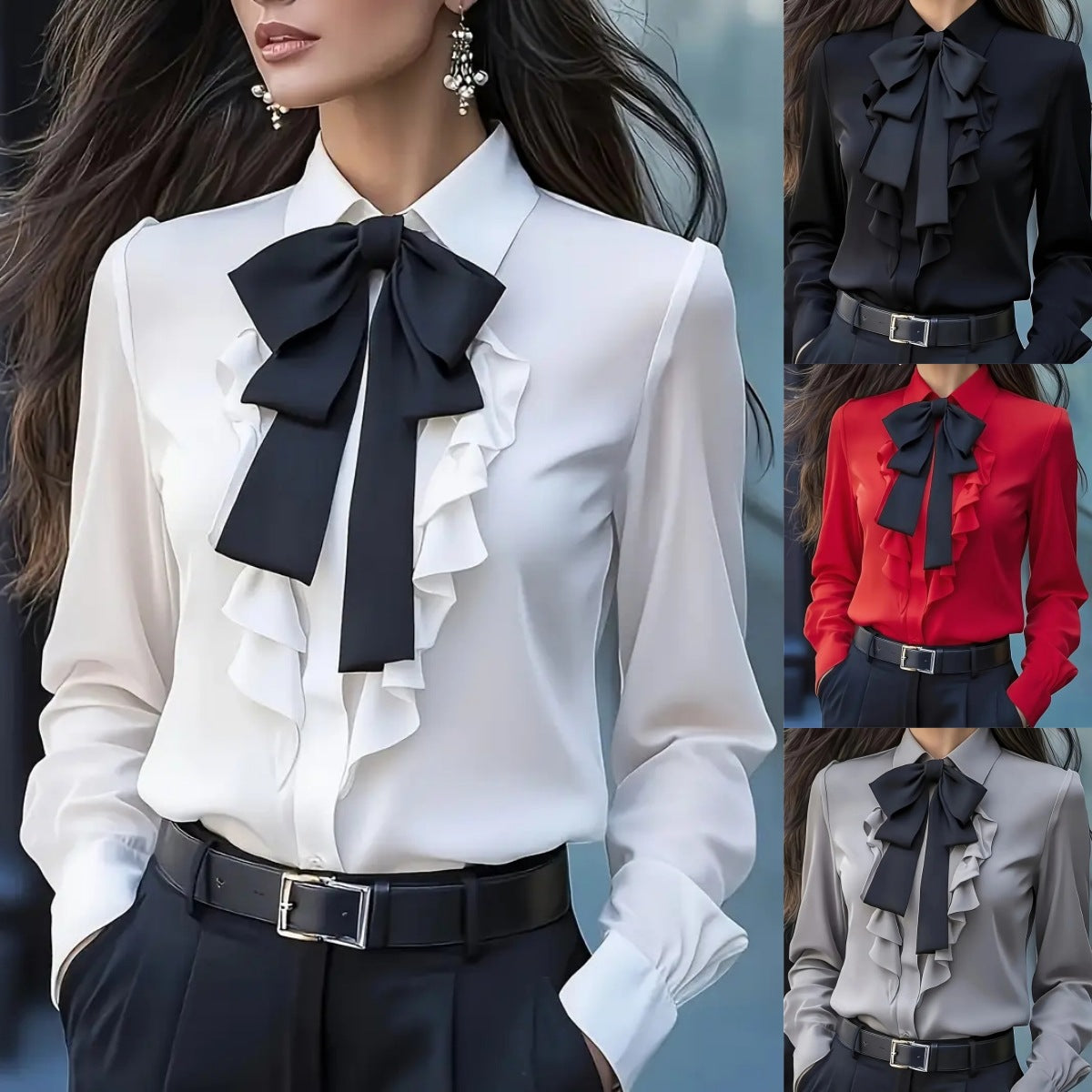 Solid Long Sleeve Blouse with Ruffle Front and Bow Tie
