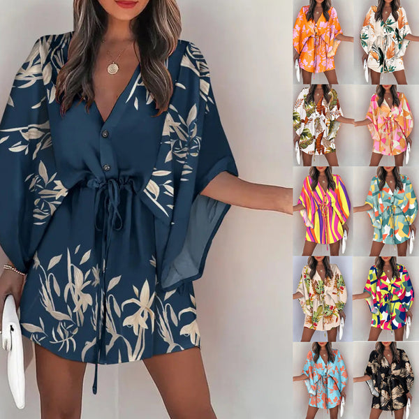 Printed Mini Dress with Bat Sleeves and Drawstring Waist