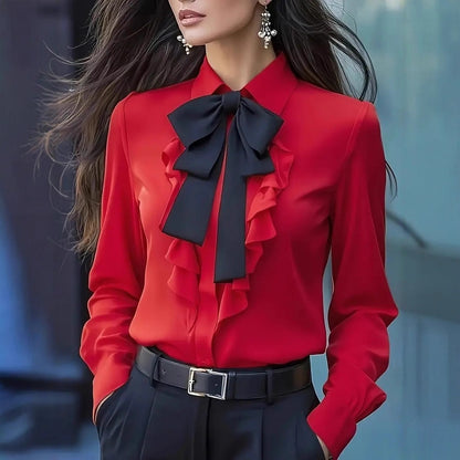 Solid Long Sleeve Blouse with Ruffle Front and Bow Tie