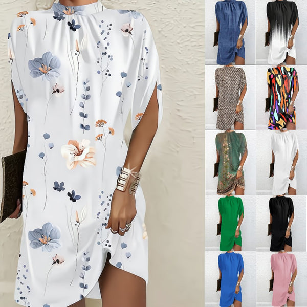 Floral Print Shift Dress with Mock Neck and Bat Sleeves