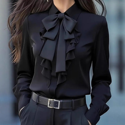 Solid Long Sleeve Blouse with Ruffle Front and Bow Tie