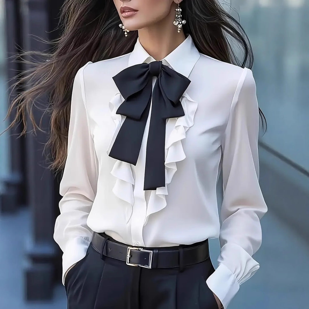 Solid Long Sleeve Blouse with Ruffle Front and Bow Tie