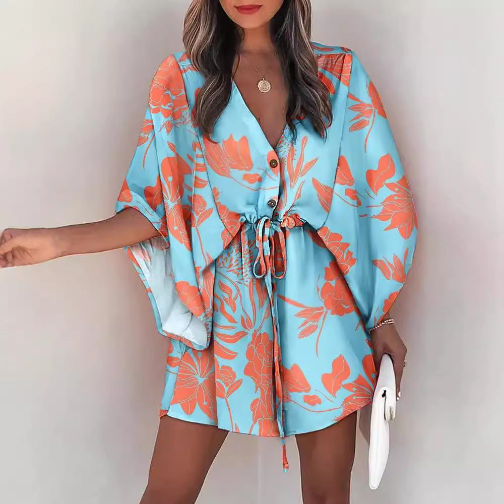 Printed Mini Dress with Bat Sleeves and Drawstring Waist