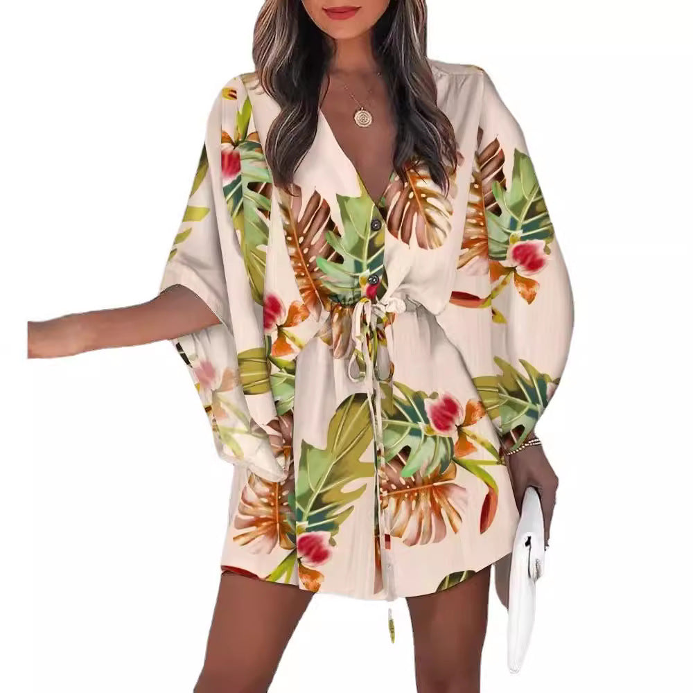 Printed Mini Dress with Bat Sleeves and Drawstring Waist
