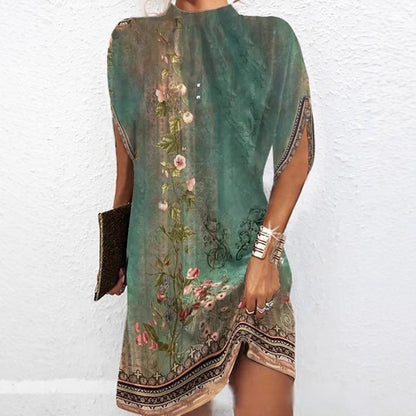 Floral Print Shift Dress with Mock Neck and Bat Sleeves