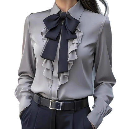 Solid Long Sleeve Blouse with Ruffle Front and Bow Tie