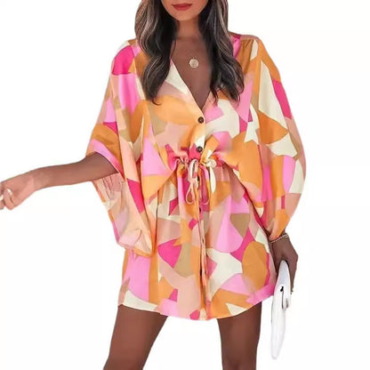 Printed Mini Dress with Bat Sleeves and Drawstring Waist