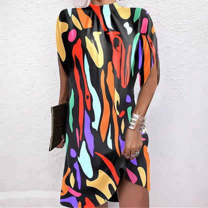 Floral Print Shift Dress with Mock Neck and Bat Sleeves