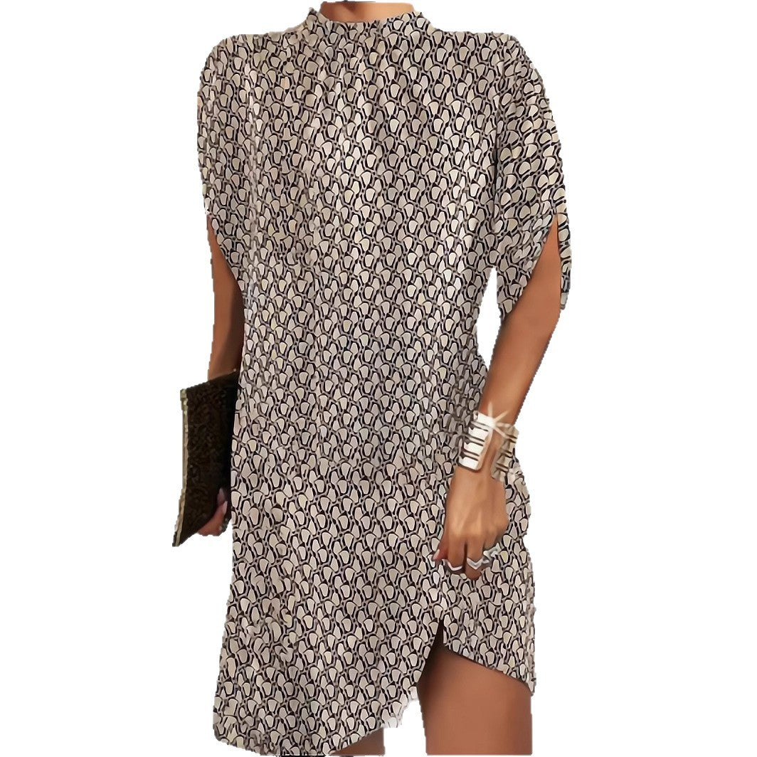 Floral Print Shift Dress with Mock Neck and Bat Sleeves