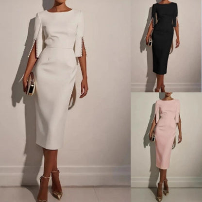 Sheath Midi Dress with Beaded Slit Sleeves