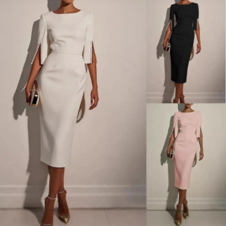 Sheath Midi Dress with Beaded Slit Sleeves