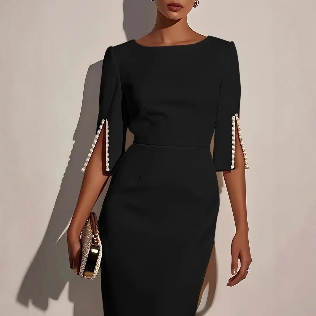 Sheath Midi Dress with Beaded Slit Sleeves