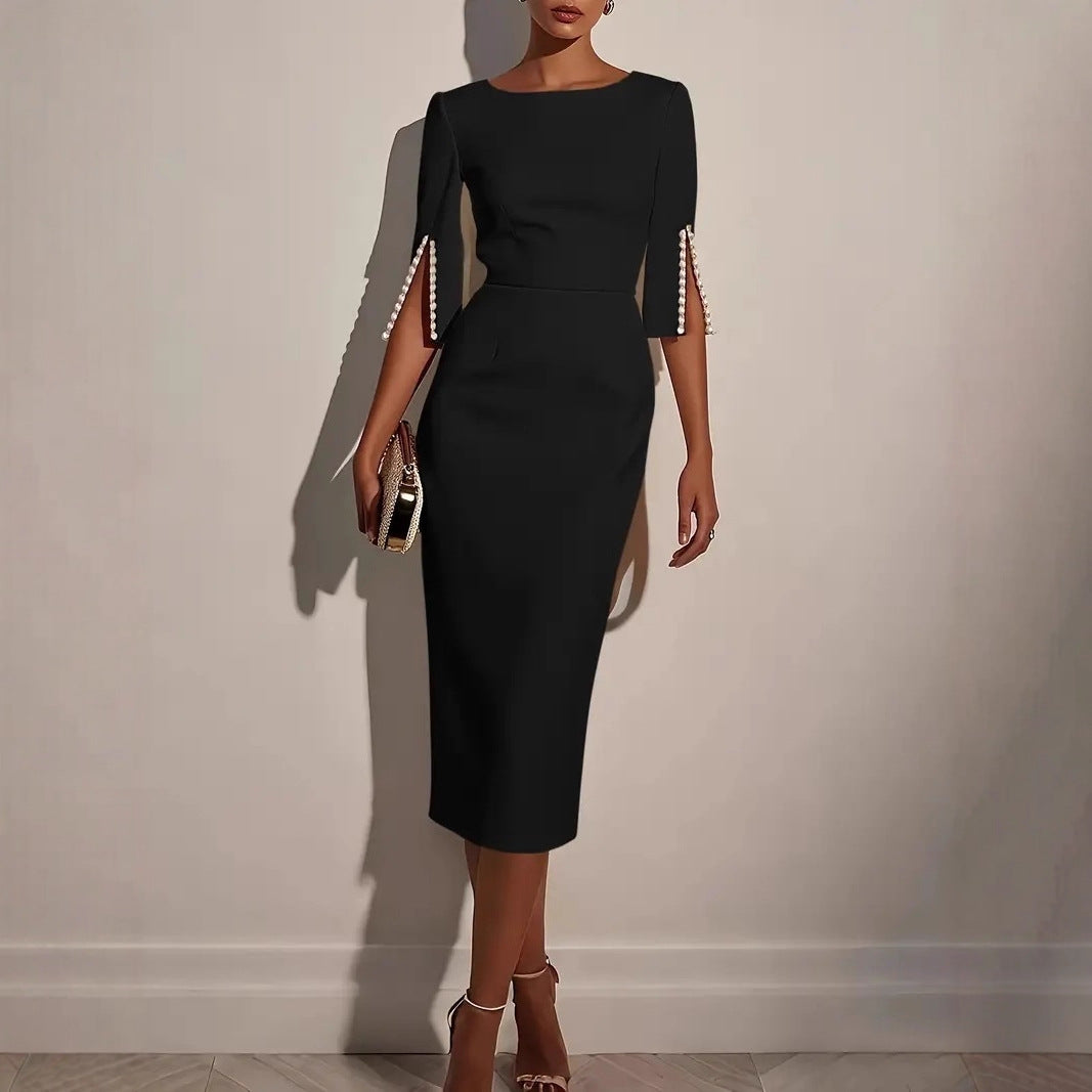 Sheath Midi Dress with Beaded Slit Sleeves