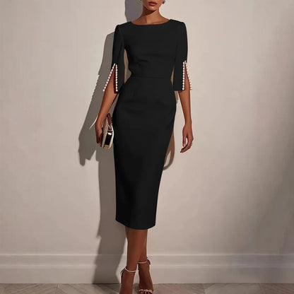 Sheath Midi Dress with Beaded Slit Sleeves