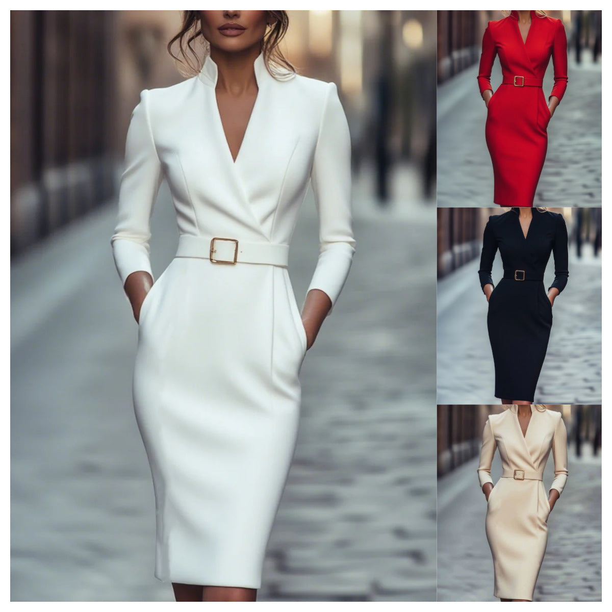 Solid Sheath Midi Dress with Notched V-Neck and Belt