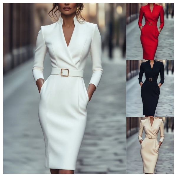 Solid Sheath Midi Dress with Notched V-Neck and Belt