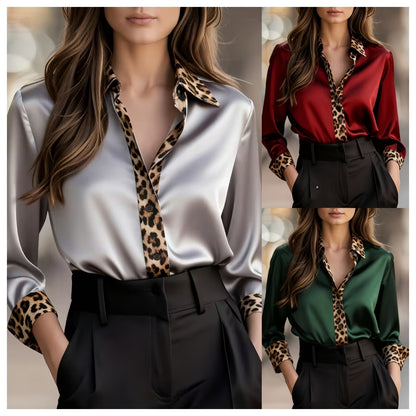 Satin Button-Down Blouse with Leopard Print Trim