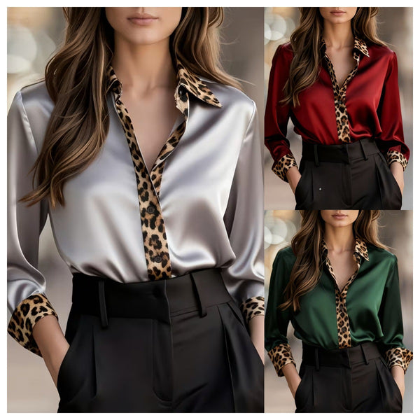 Satin Button-Down Blouse with Leopard Print Trim