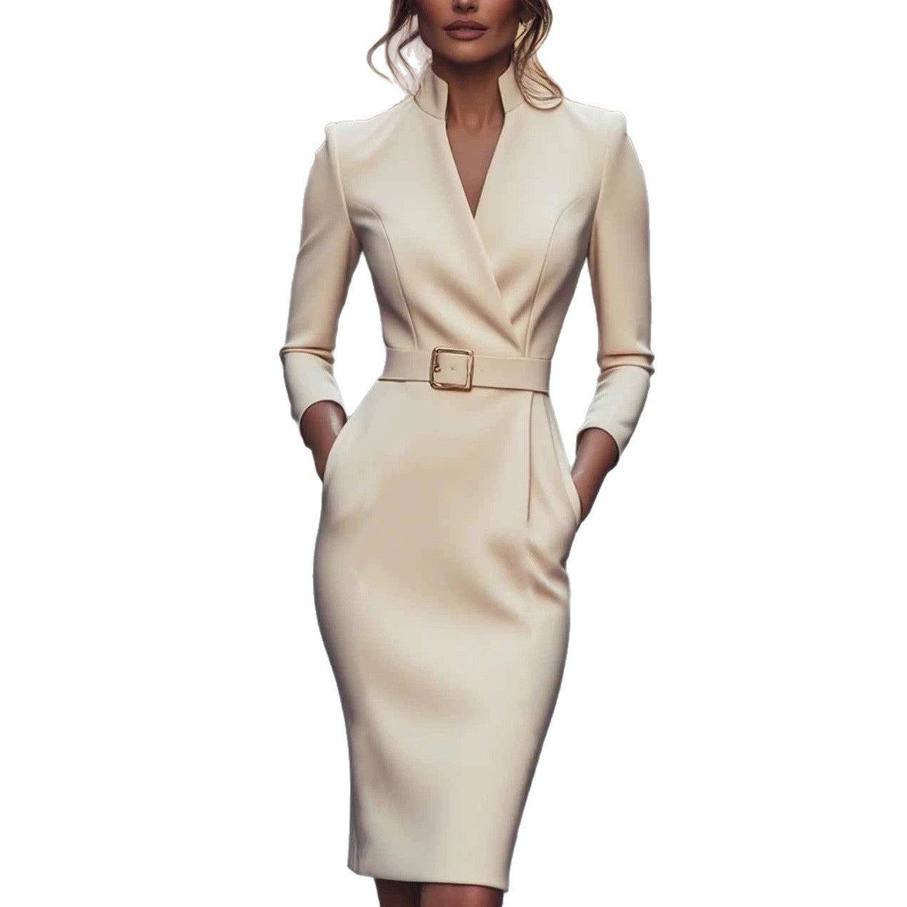 Solid Sheath Midi Dress with Notched V-Neck and Belt