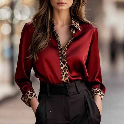 Satin Button-Down Blouse with Leopard Print Trim
