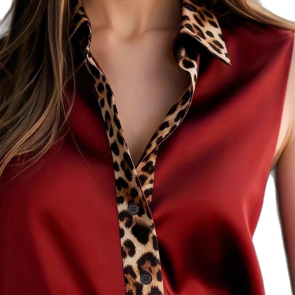 Satin Button-Down Blouse with Leopard Print Trim