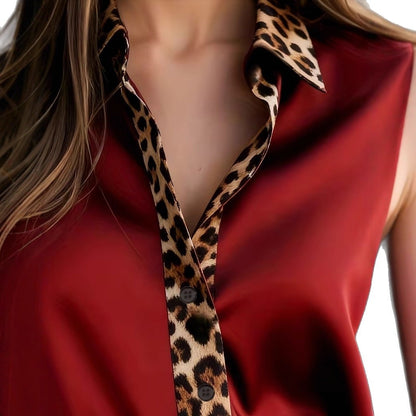 Satin Button-Down Blouse with Leopard Print Trim