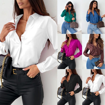 Solid Color Button-Down Shirt with V-Neck and Long Sleeves