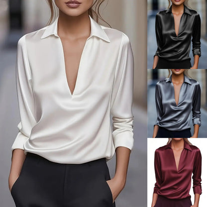 Satin Blouse with Draped V-Neck and Long Sleeves