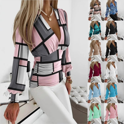 Abstract Print Blouse with V-Neck and Lantern Sleeves