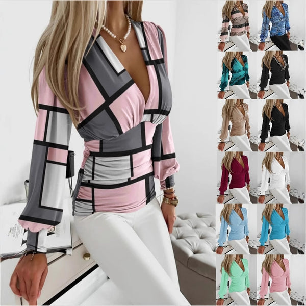 Abstract Print Blouse with V-Neck and Lantern Sleeves