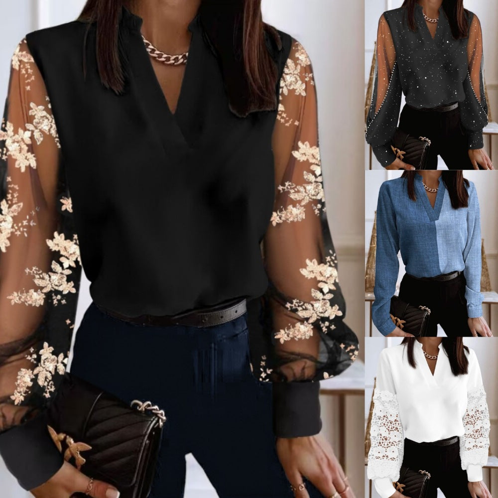 V-Neck Blouse with Embellished Sheer Sleeves