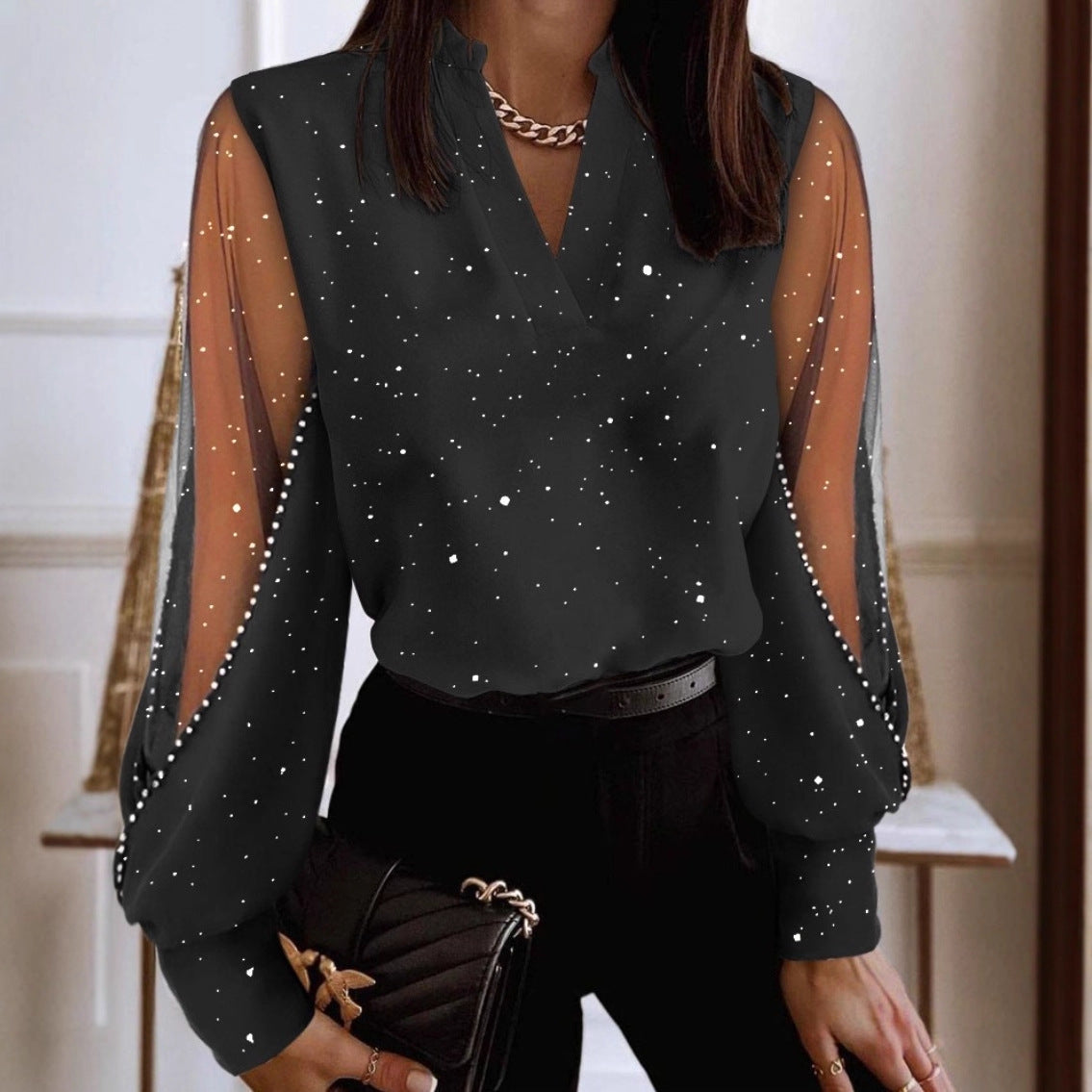 V-Neck Blouse with Embellished Sheer Sleeves