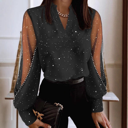 V-Neck Blouse with Embellished Sheer Sleeves