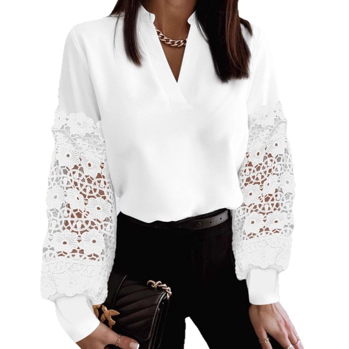 V-Neck Blouse with Embellished Sheer Sleeves