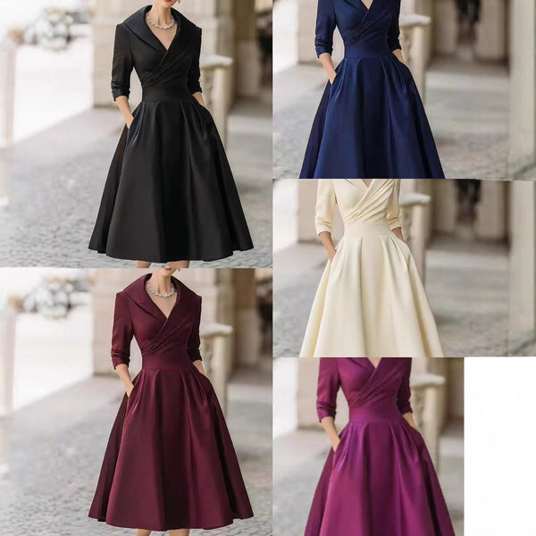 A-Line Midi Dress with Shawl Collar and Cuffed 3/4 Sleeves