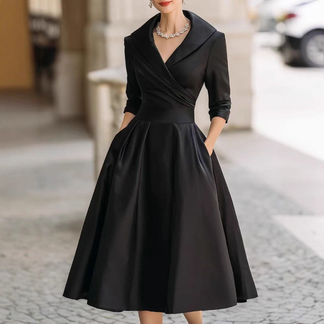 A-Line Midi Dress with Shawl Collar and Cuffed 3/4 Sleeves